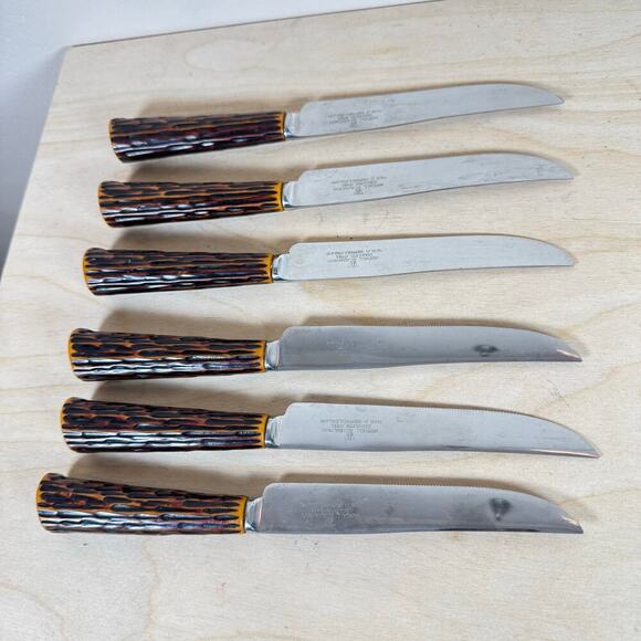 VTG Westall Richardson Sheffield England 6 Steak Knifes Bakelite Antler Handles - Picture 5 of 7